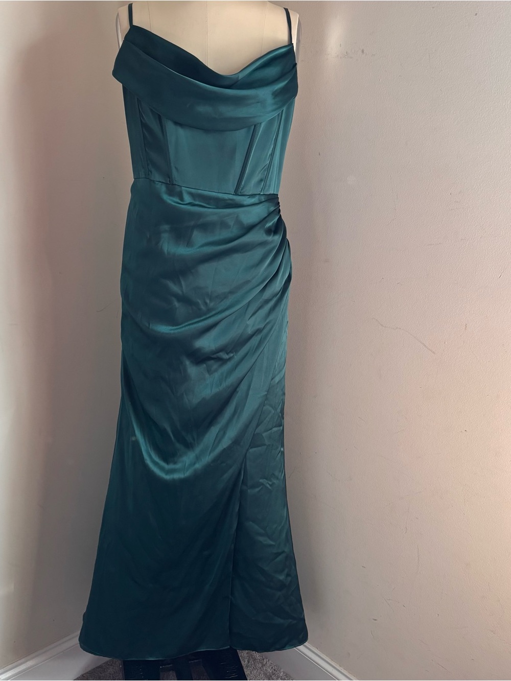 Galina Signature Emerald Green Satin Maxi Dress with Cowl Neck and Ruched Detail